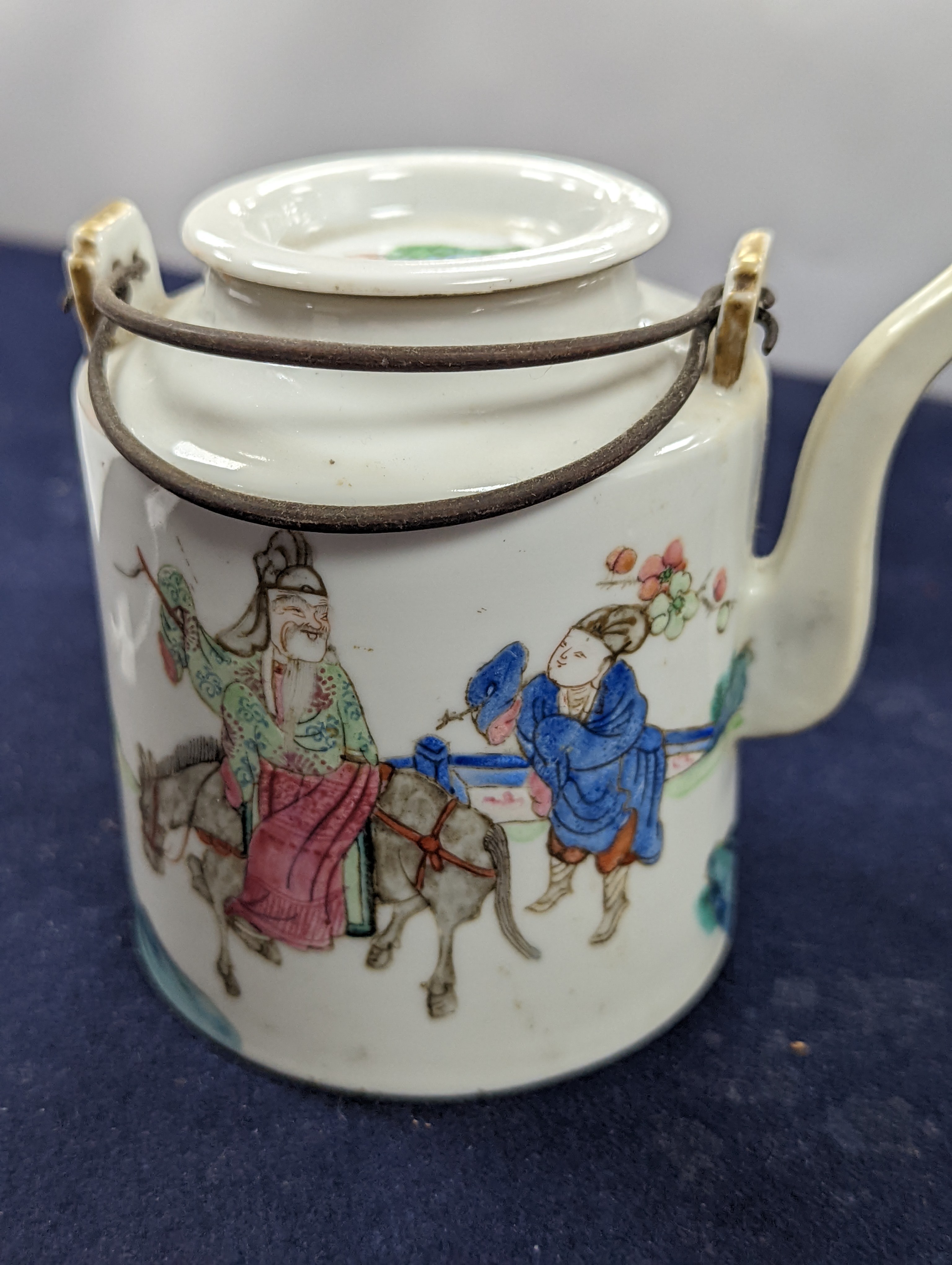 A Chinese famille rose cylindrical teapot and cover, 19th century 11cm, wood stand